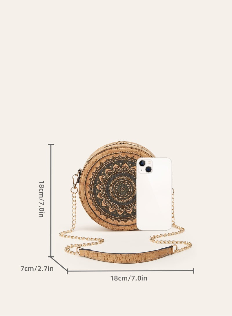 Women Bohemian Mandala Floral Print Round Crossbody Bag, Recycled Cork Circular Chain Shoulder Handbag - Image 3