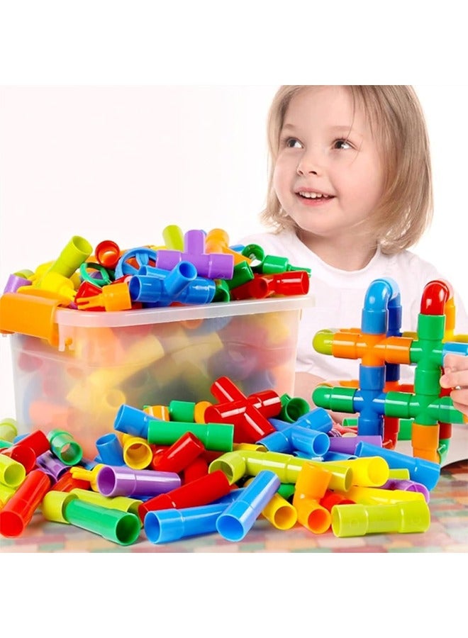 Loquat 96 Pieces STEM Building Blocks Set, Kids Tube Locks Construction Set with Baseplate, Preschool Educational Pipe Toy Gift for Toddler Aged 3+，Educational Building Blocks Set with Wheels Spouts  Joint  - Image 2