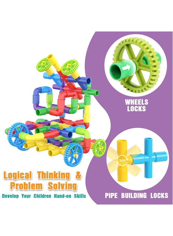 Loquat 96 Pieces STEM Building Blocks Set, Kids Tube Locks Construction Set with Baseplate, Preschool Educational Pipe Toy Gift for Toddler Aged 3+，Educational Building Blocks Set with Wheels Spouts  Joint  - Image 4