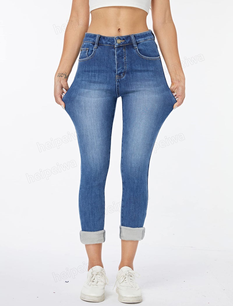 heipeiwa Women's Fleece Lined Jeans Winter Jeans Thermal Stretch Warm Flannel Lined Skinny Denim Pants - Image 4
