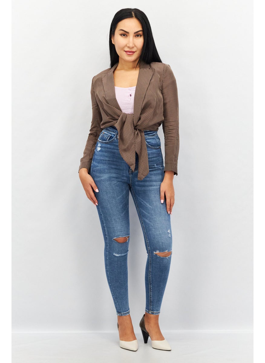 Couture Made For Vero Moda - Women Notch Collar Long Sleeve Plaid Crop Top, Brown - Image 1