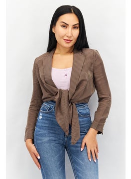 Women Notch Collar Long Sleeve Plaid Crop Top, Brown