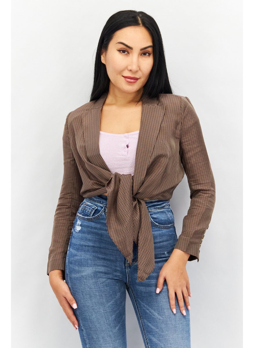 Couture Made For Vero Moda - Women Notch Collar Long Sleeve Plaid Crop Top, Brown - Image 1
