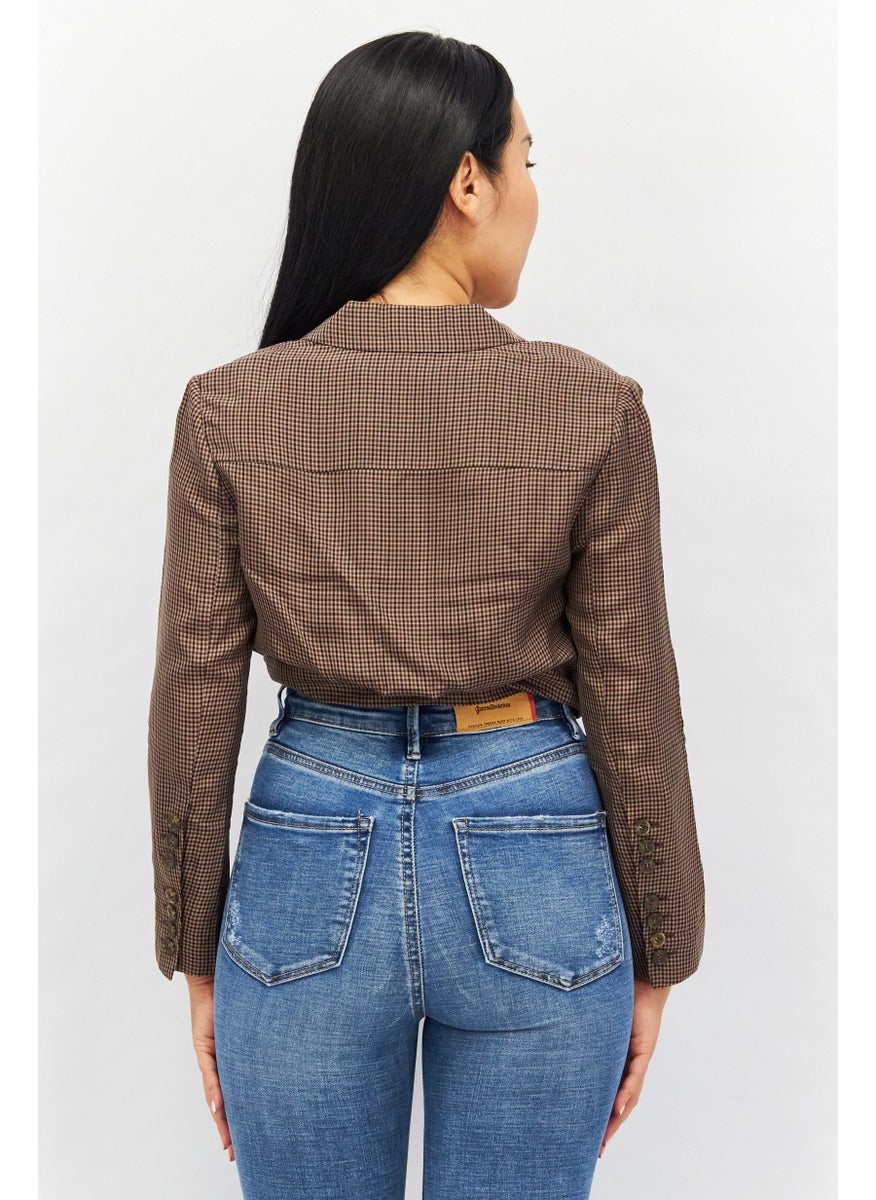 Couture Made For Vero Moda - Women Notch Collar Long Sleeve Plaid Crop Top, Brown - Image 1