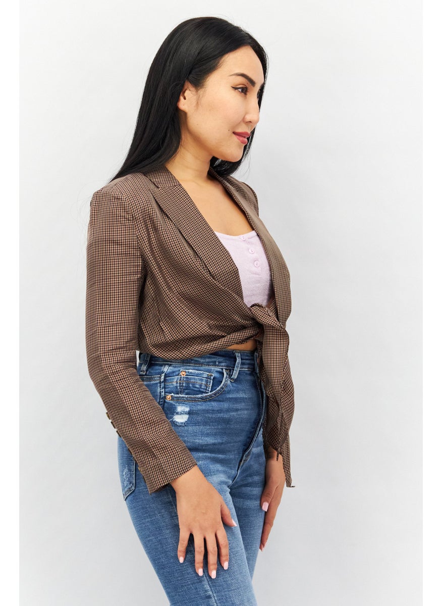 Couture Made For Vero Moda - Women Notch Collar Long Sleeve Plaid Crop Top, Brown - Image 1