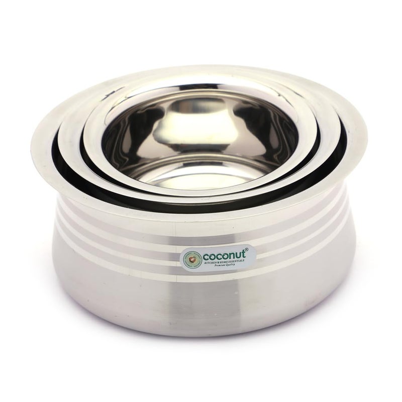 Coconut Coconut Stainless Steel Matt Finish Handi for Cook n Serve - Set of 3-1500ML, 1000ML, 700ML - Image 3