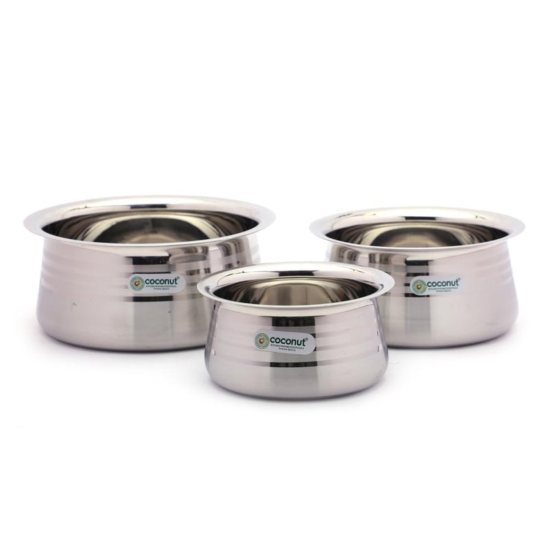Coconut Coconut Stainless Steel Matt Finish Handi for Cook n Serve - Set of 3-1500ML, 1000ML, 700ML - Image 1
