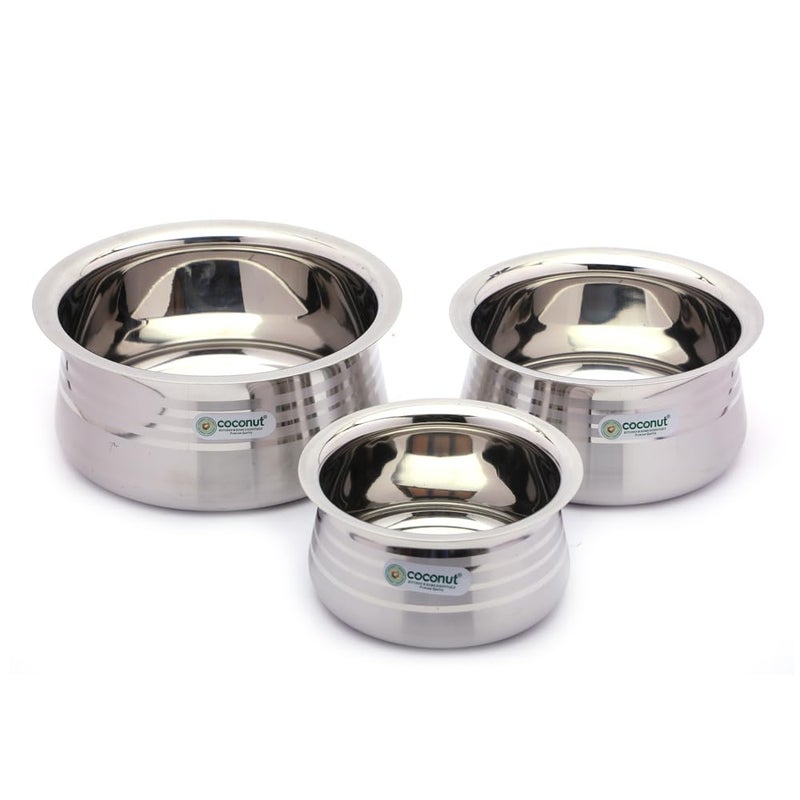 Coconut Coconut Stainless Steel Matt Finish Handi for Cook n Serve - Set of 3-1500ML, 1000ML, 700ML - Image 2