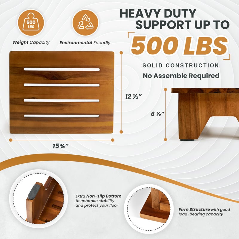 Holana 6.5" Wooden Step Stool for Adults (No Assemble Required)- 500 Lbs One Step Stools for High Bed Riser - Small Stepping Stool for Elderly, Seniors, Kid/Bathroom, Bed, Kitchen (Acacia) - Image 2
