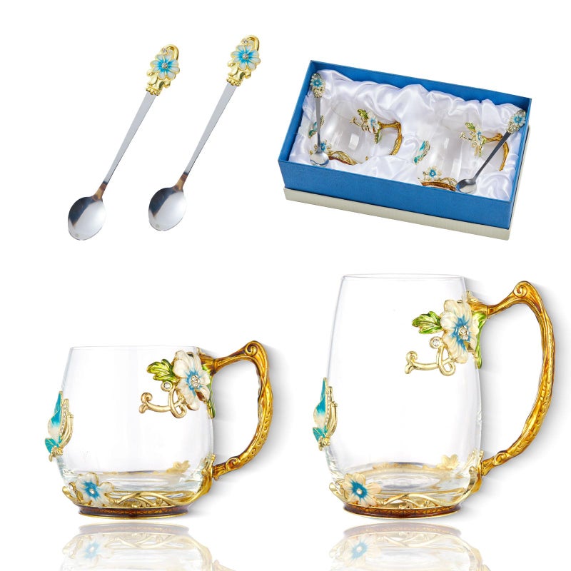 DUMVOIN Tea Cup Glass Coffee MugsFancy Tea Cup Set Birthday Christmas Valentines Day Gift Idea for Tea Lover and Women Novelty Coffee Mugs Rose Flower Enamel Tea Cup Glass Mug with Spoon Set