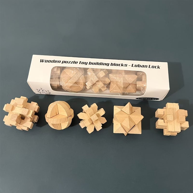 Set Of 5 Natural Beech Wood Simple Model 3D Puzzle Set 3 Difficulty Levels Beginner Intermediate Advanced Challenging Cube Building Stem Learning Enhances Spatial Skills And Problem Solving Abilities Wooden Tree Puzzle - Image 1