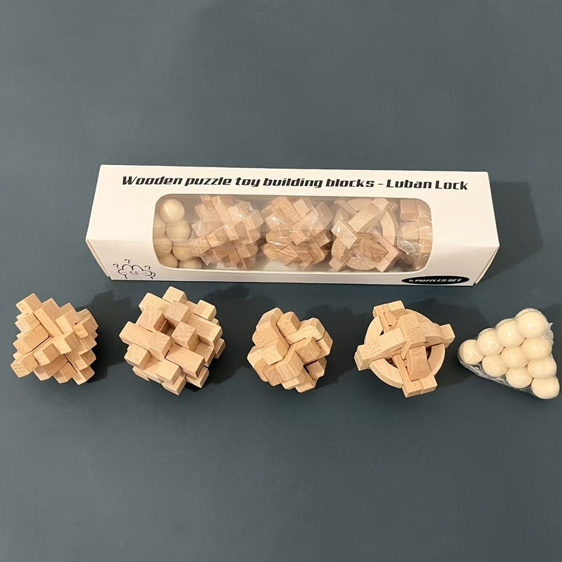 Set Of 5 Natural Beech Wood Simple Model 3D Puzzle Set 3 Difficulty Levels Beginner Intermediate Advanced Challenging Cube Building Stem Learning Enhances Spatial Skills And Problem Solving Abilities Wooden Tree Puzzle - Image 2
