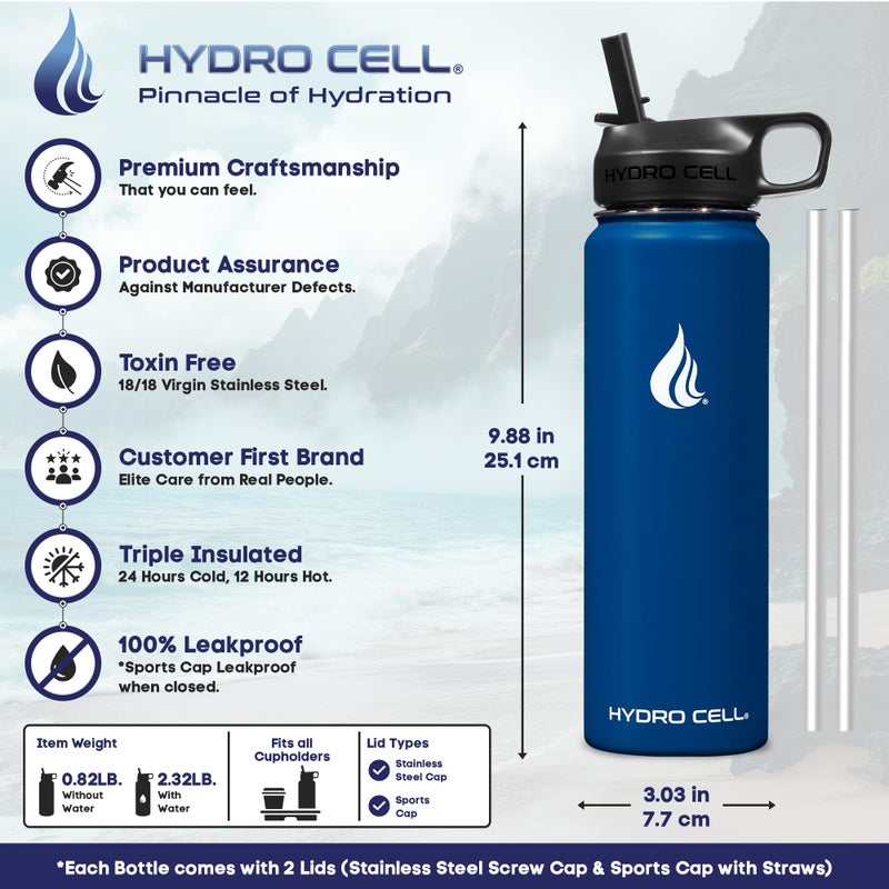 HYDRO CELL Stainless Steel Insulated Water Bottle with Straw - For Cold & Hot Drinks - Metal Vacuum Flask with Screw Cap and Modern Leakproof Sport Thermos for Adults (Navy 24oz) - Image 3