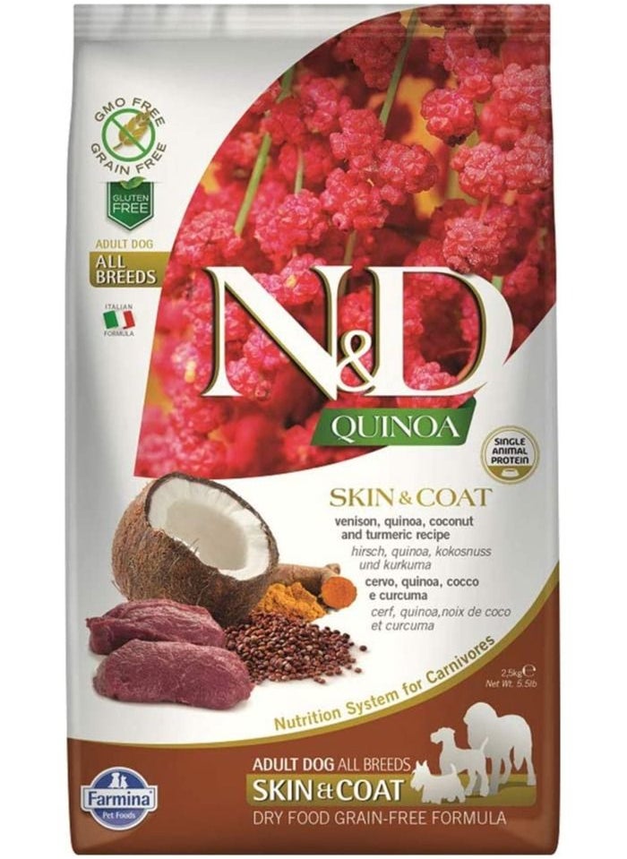 Farmina - Quinoa Skin & Coat Venison, Quinoa, Cocunut and Turmeric Recipe Adult Dog Food 2.5 kg - Image 1