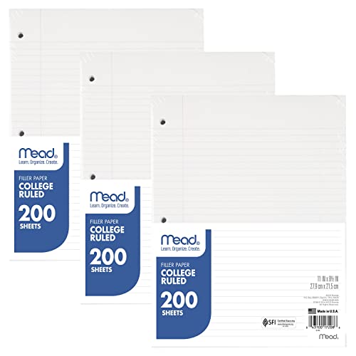 Mead Loose Leaf Paper, 3 Pack, Notebook Paper, College Ruled Filler Paper, Standard, 8.5 x 11, 200 Sheets per Pack (73189) - Image 1