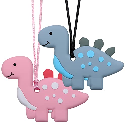 LeeYean Sensory Chew Necklaces for Kids, Boys, and Girls - 2 Pack Dinosaur Silicone Chewy Toys for Autism, ADHD, SPD, Oral Motor Chewing Necklaces for Adults - Image 1