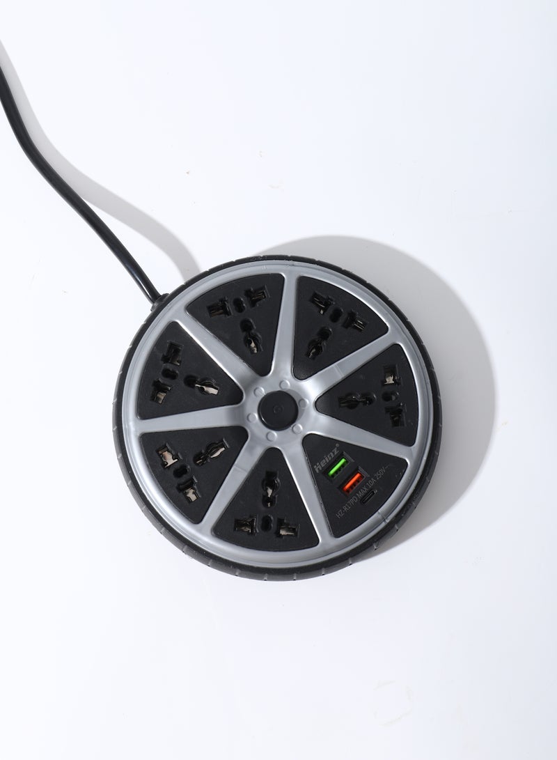 فلاي رود تمديد طاقة عالمي متعدد المقابس سلك تمديد بطول 2 متر مع واقي من التيار الزائد 6 مقابس طاقة 2 منفذ USB 1 منفذ Type-C للمنزل والمكتب باللون الأسود - Image 3