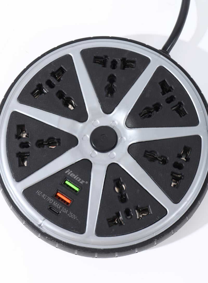 فلاي رود تمديد طاقة عالمي متعدد المقابس سلك تمديد بطول 2 متر مع واقي من التيار الزائد 6 مقابس طاقة 2 منفذ USB 1 منفذ Type-C للمنزل والمكتب باللون الأسود - Image 4