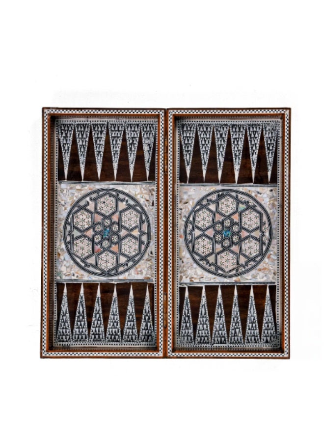 Handmade Backgammon & Chess Wooden Folding Board with Circular Shell & Mother of Pearl Inlay, Brown & White - Size 40x40 cm - Image 2