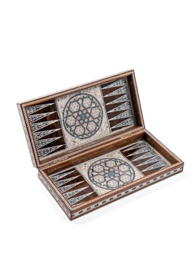 Handmade Backgammon & Chess Wooden Folding Board with Circular Shell & Mother of Pearl Inlay, Brown & White - Size 40x40 cm - Image 1