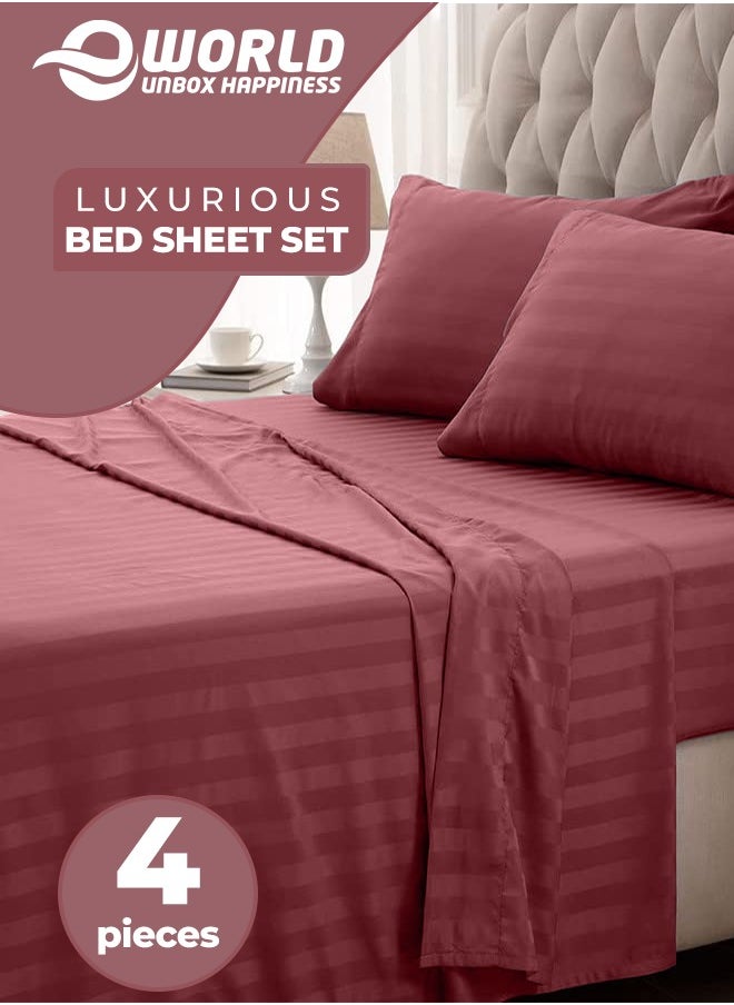 Eworld 4-Piece Luxury King Size Maroon Striped Bedding Set Includes 1 Duvet Cover (220x240cm), 1 Fitted Bed Sheet (200x200+30cm), and 2 Pillow Cases (48x74+5cm) for Ultimate Hotel-Inspired Sophistication  - Image 1