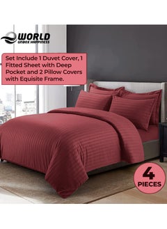 Eworld 4-Piece Luxury King Size Maroon Striped Bedding Set Includes 1 Duvet Cover (220x240cm), 1 Fitted Bed Sheet (200x200+30cm), and 2 Pillow Cases (48x74+5cm) for Ultimate Hotel-Inspired Sophistication  - Image 5