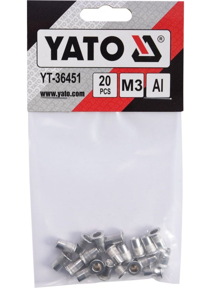 YATO Threaded Aluminium Rivet Nuts M3, 20 Pcs YT-36451