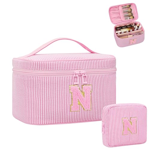 MONSTINA Initial Makeup Bag Cosmetic Bag Bridal Shower Gifts Bridesmaid BagBridesmaid Proposal Gifts for Wedding DayMaid Matron of Honor Gift Bride to be GiftsBachelorette Party Favors2PCSPink N - Image 1
