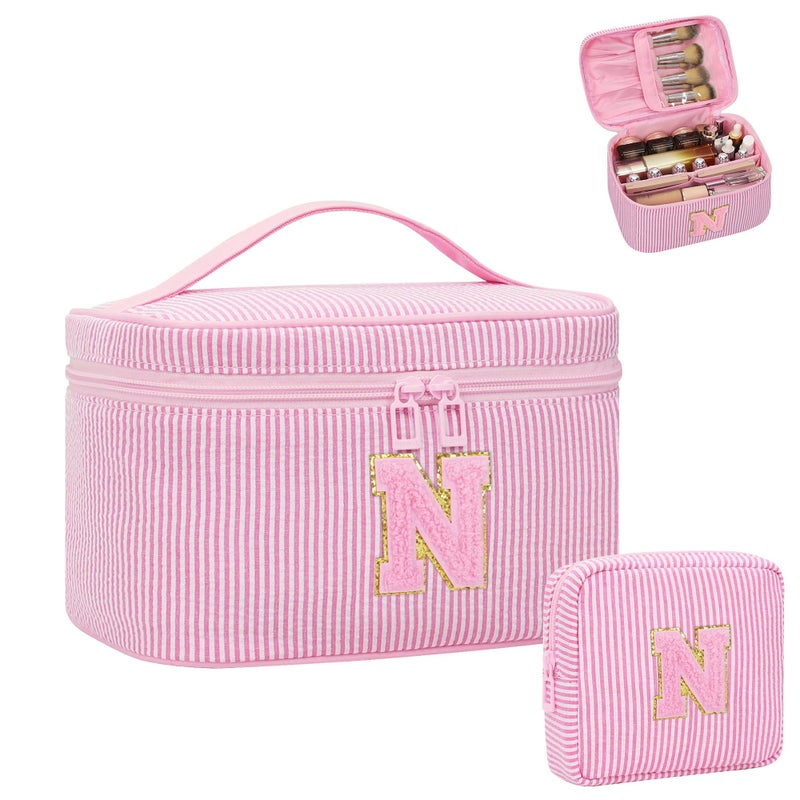 MONSTINA Initial Makeup Bag Cosmetic Bag Bridal Shower Gifts Bridesmaid BagBridesmaid Proposal Gifts for Wedding DayMaid Matron of Honor Gift Bride to be GiftsBachelorette Party Favors2PCSPink N - Image 2