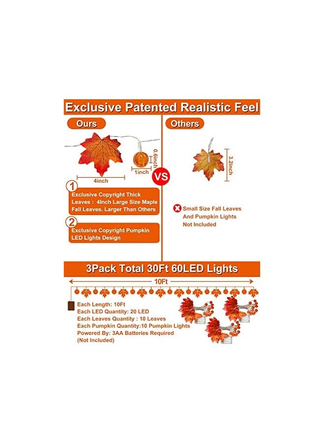 The Bros 3 Pack Thanksgiving Pumpkin Lights Decorations Maple Fall String Lights, Thanksgiving Fall Lights 30 ft 60 Led Waterproof Battery Operated Fall Garland for Indoor Home Outdoor Decor Holiday  - Image 3