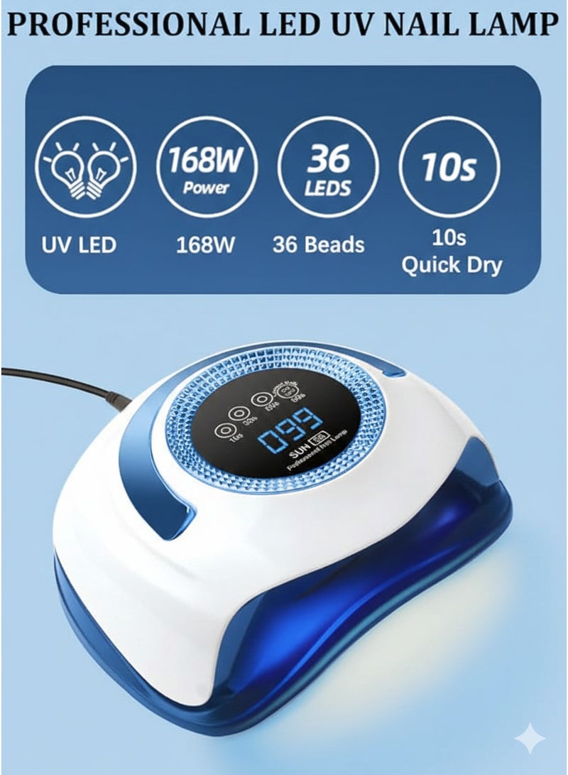 مصباح أظافر احترافي يعمل بالأشعة فوق البنفسجية بتقنية LED بقوة 168 واط من طراز Sun-S6 لتجفيف طلاء الجل بسرعة فائقة، بطول موجي مزدوج 365 نانومتر + 405 نانومتر، ومؤقت رقمي يعمل باللمس، مجفف أظافر محمول باليد للاستخدام في الصالونات والمنزل - أزرق - Image 3