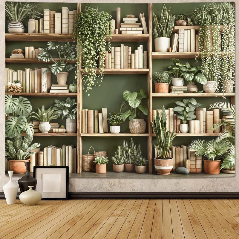 Accnicc Green Plant Bookshelf Tapestry Botanical Bookshelf Tapestries Wall Hanging Modern Potted Plants Bookshelf Backdrop Large Tapestry for Bedroom Living Room Dorm 80 x 60 inch - Image 1
