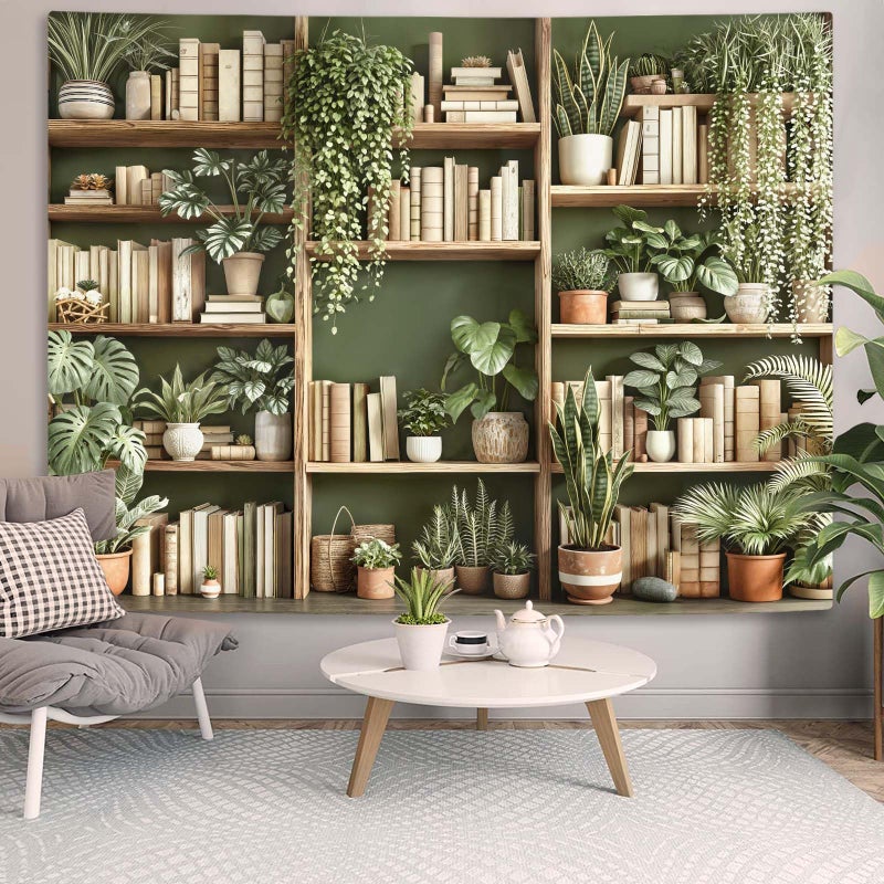 Accnicc Green Plant Bookshelf Tapestry Botanical Bookshelf Tapestries Wall Hanging Modern Potted Plants Bookshelf Backdrop Large Tapestry for Bedroom Living Room Dorm 80 x 60 inch - Image 3