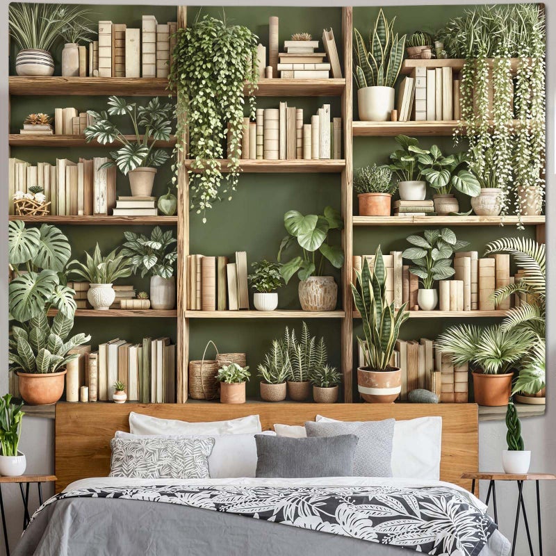 Accnicc Green Plant Bookshelf Tapestry Botanical Bookshelf Tapestries Wall Hanging Modern Potted Plants Bookshelf Backdrop Large Tapestry for Bedroom Living Room Dorm 80 x 60 inch - Image 4