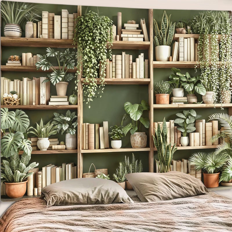 Accnicc Green Plant Bookshelf Tapestry Botanical Bookshelf Tapestries Wall Hanging Modern Potted Plants Bookshelf Backdrop Large Tapestry for Bedroom Living Room Dorm 80 x 60 inch - Image 5