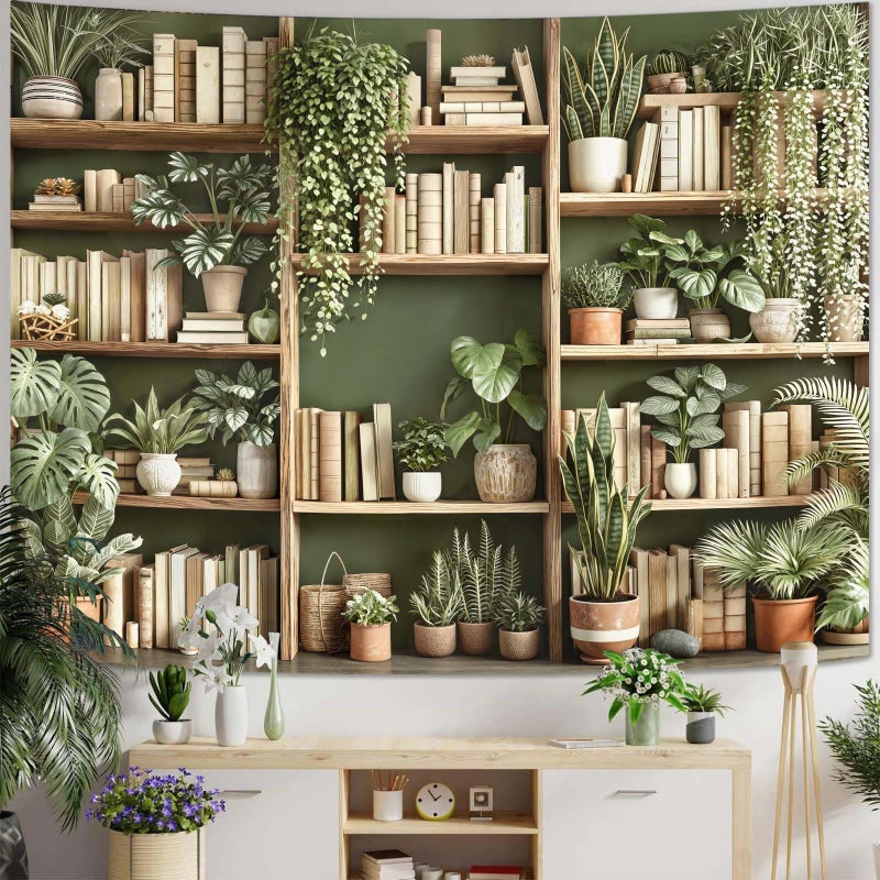 Accnicc Green Plant Bookshelf Tapestry Botanical Bookshelf Tapestries Wall Hanging Modern Potted Plants Bookshelf Backdrop Large Tapestry for Bedroom Living Room Dorm 80 x 60 inch - Image 2