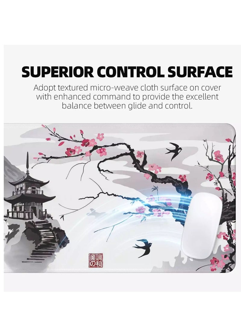 Japanese Cherry Blossom Bird Gaming Mouse Pad For Keyboard And Mouse Non-Slip Rubber Base - Size 80X30 CM