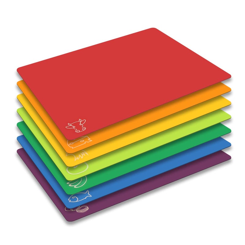Fotouzy Cutting Board Mats Flexible Plastic Colored Mats with Food Icons, Fotouzy BPA-Free, Non-Porous, Anti-skid back and Dishwasher Safe, Set of 7 Rainbow - 7 Pieces - Image 1