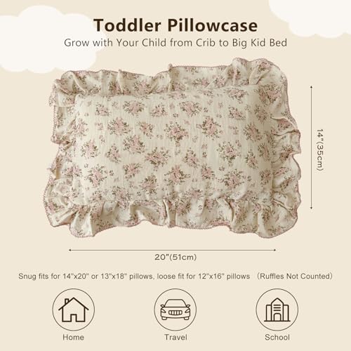 BuLuTu Muslin Cotton Toddler Pillowcases 14x20 Shabby Chic Pink Floral Kids Pillow Cases Fit Toddler Pillow Sized 13x18 Soft Children Pillow Covers for Girls Boys Envelope Closure - Image 3