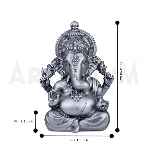 Artarium Small Vighnaharta Ganesha Idol Murti (Height 3.9-Inch), Vinayaka Sitting Statue Ganapati for Car Dashboard, Puja Ghar, House Warming, Unique Wedding & Birthday Gift, Sculpture - Silver - Image 4