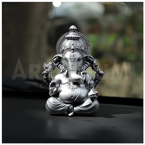 Artarium Small Vighnaharta Ganesha Idol Murti (Height 3.9-Inch), Vinayaka Sitting Statue Ganapati for Car Dashboard, Puja Ghar, House Warming, Unique Wedding & Birthday Gift, Sculpture - Silver - Image 2