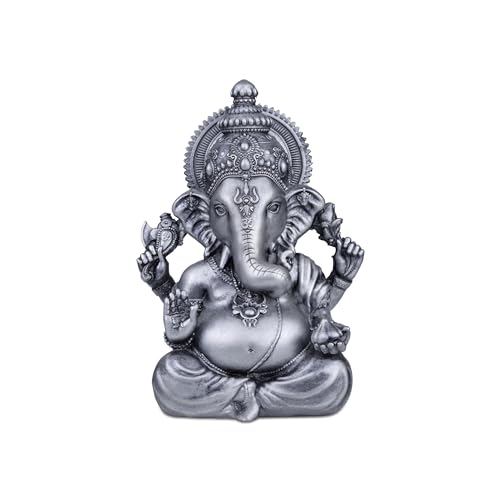 Artarium Small Vighnaharta Ganesha Idol Murti (Height 3.9-Inch), Vinayaka Sitting Statue Ganapati for Car Dashboard, Puja Ghar, House Warming, Unique Wedding & Birthday Gift, Sculpture - Silver - Image 1