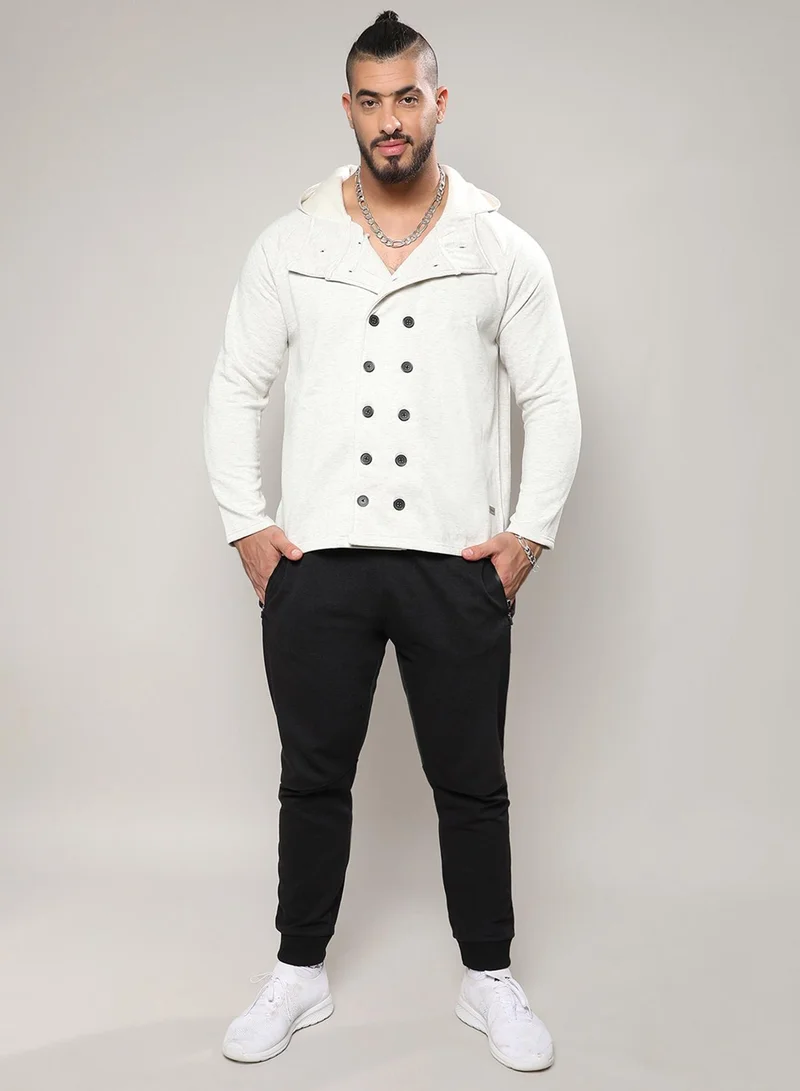 Instafab Plus  Men's Light Grey Double-Breasted Jacket With Hoodie for Men | Best Price UAE