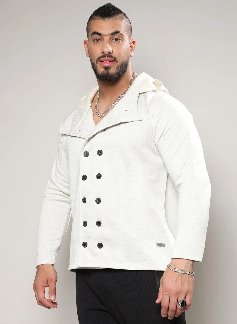 Instafab Plus  Men's Light Grey Double-Breasted Jacket With Hoodie for Men | Best Price UAE