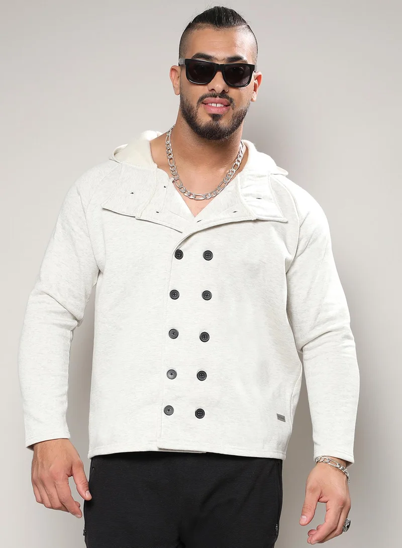 انستافاب بلس جاكيت رجالي رمادي فاتح مزدوج الصدر بغطاء رأس للاستخدام الكاجوال