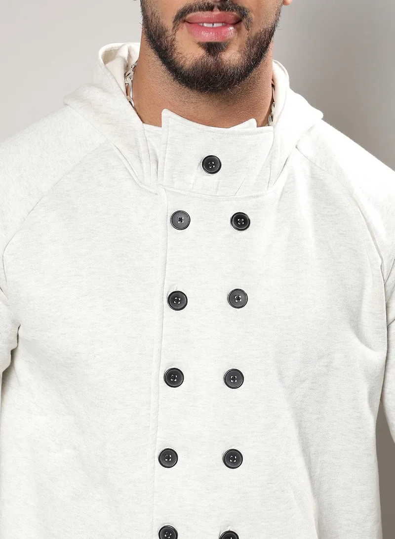 Instafab Plus  Men's Light Grey Double-Breasted Jacket With Hoodie for Men | Best Price UAE