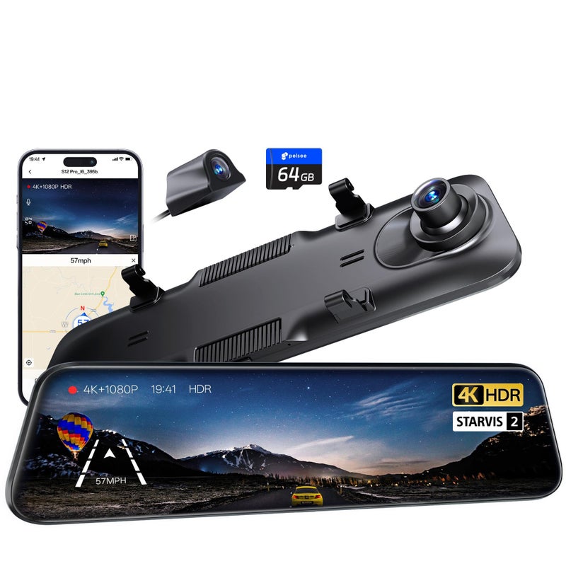 Pelsee S12 Pro Mirror Dash Cam with STARVIS 2 Sensor Rear View Mirror Camera 58GHz WiFi 4K Front and 1080P Rear Backup Camera for Car ADAS BSD Voice Control Color Night Vision 64G Meomory Card - Image 2
