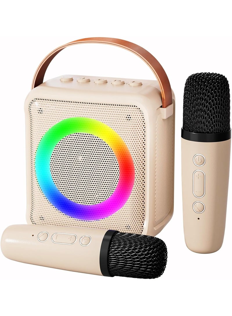 Karaoke Machine, Portable Bluetooth Karaoke Speaker with 2 Wireless Microphones and Colorful Lights for Party Home Gathering (Beige) - Image 1