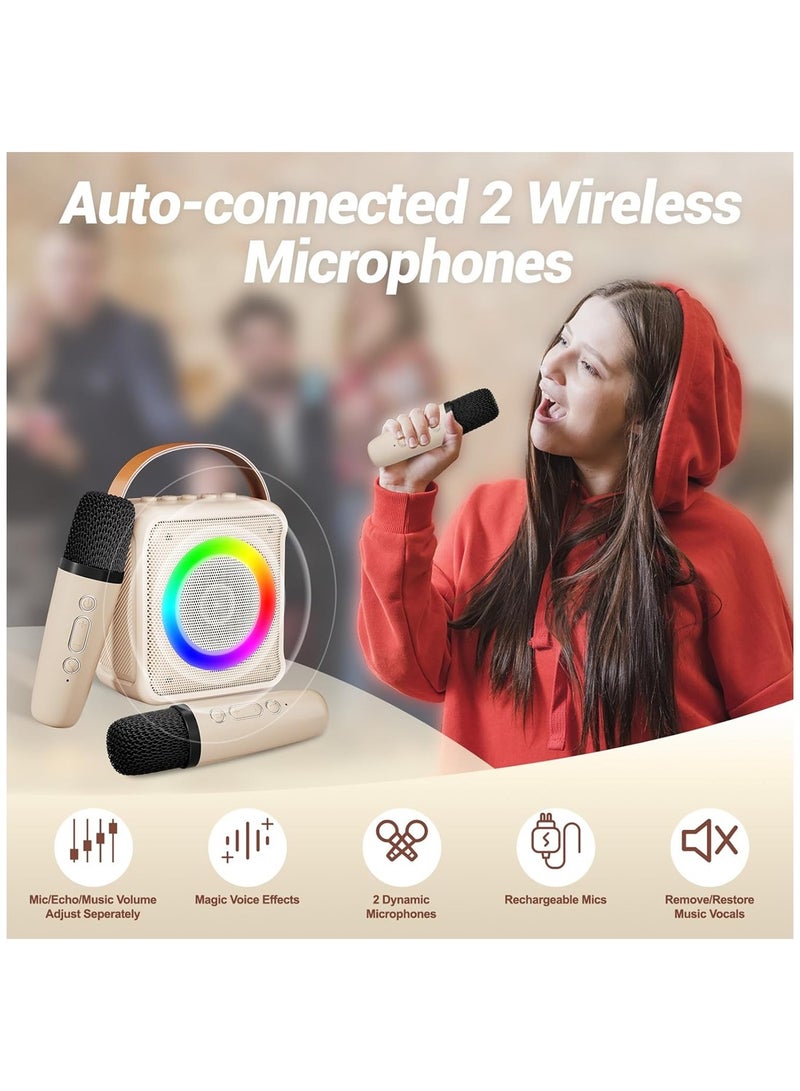 Karaoke Machine, Portable Bluetooth Karaoke Speaker with 2 Wireless Microphones and Colorful Lights for Party Home Gathering (Beige) - Image 5