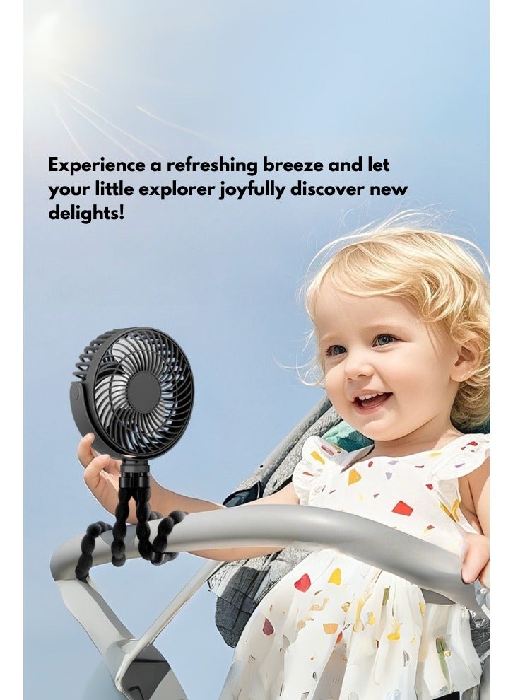 ترتيس تورتيس مروحة عربة أطفال محمولة قابلة لإعادة الشحن 8000 مللي أمبير – دوران 360° و3 سرعات هادئة مع قاعدة مرنة للاستخدام على العربة والمكتب والسفر - Image 1